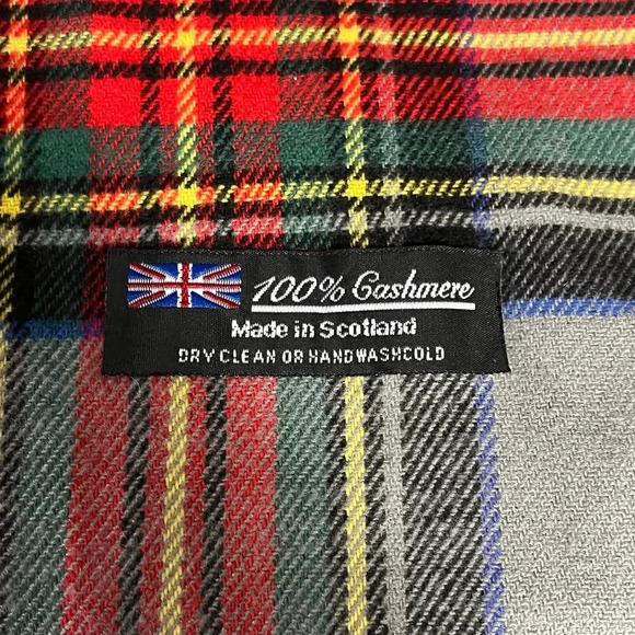 Cashmere Plaid Gray Red Black Fringe Scarf Made in Scotland 66” x 12” - Picture 2 of 9
